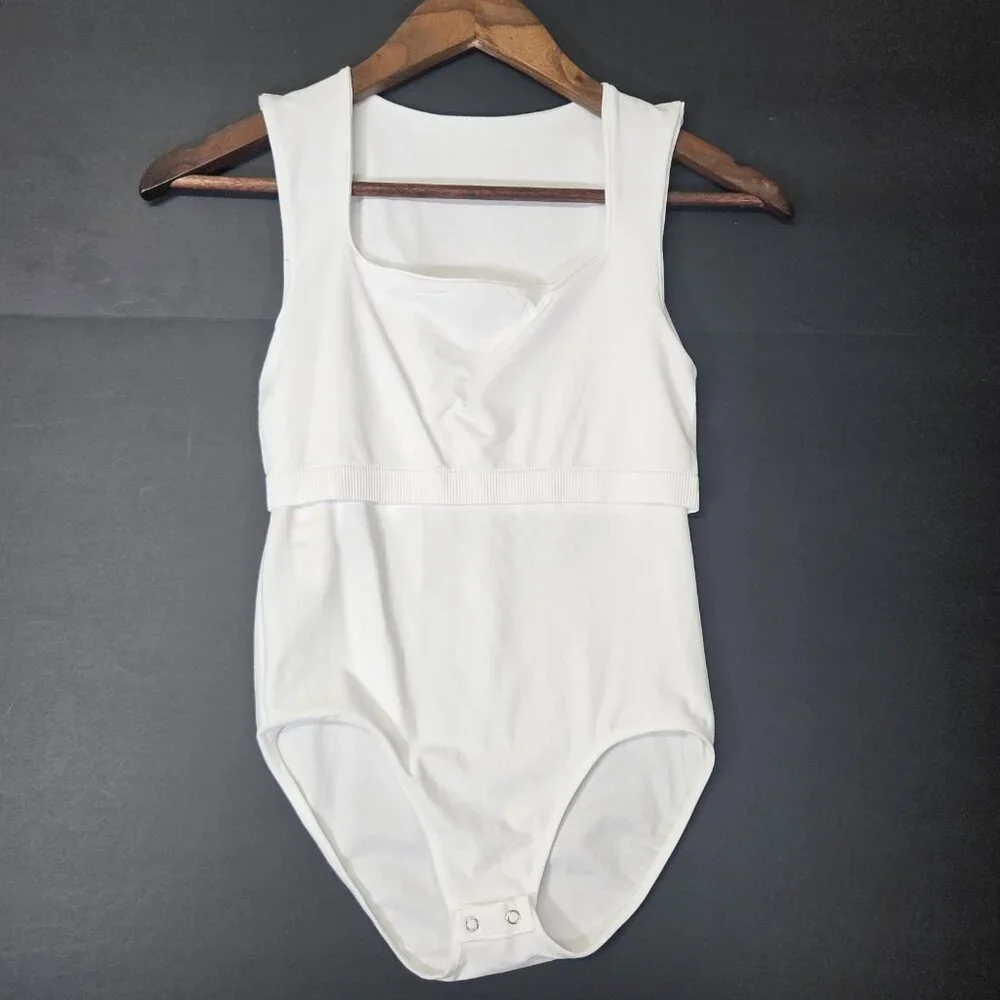 WallFlower Women's Sz S/M White Bodysuit Snap Button Square Neck W/ Inner Suppor
